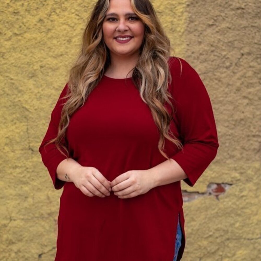 Tunic with Elbow Sleeves and Side Slits Wine Color Size 3X